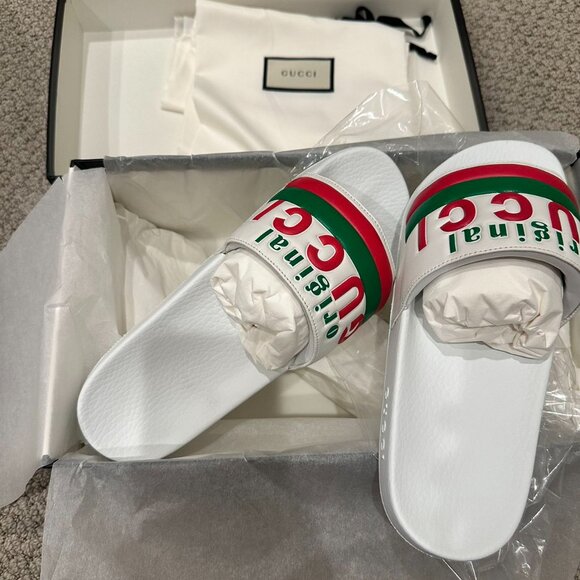 NIB Authentic Gucci White Leather Logo Sliders - Picture 1 of 6